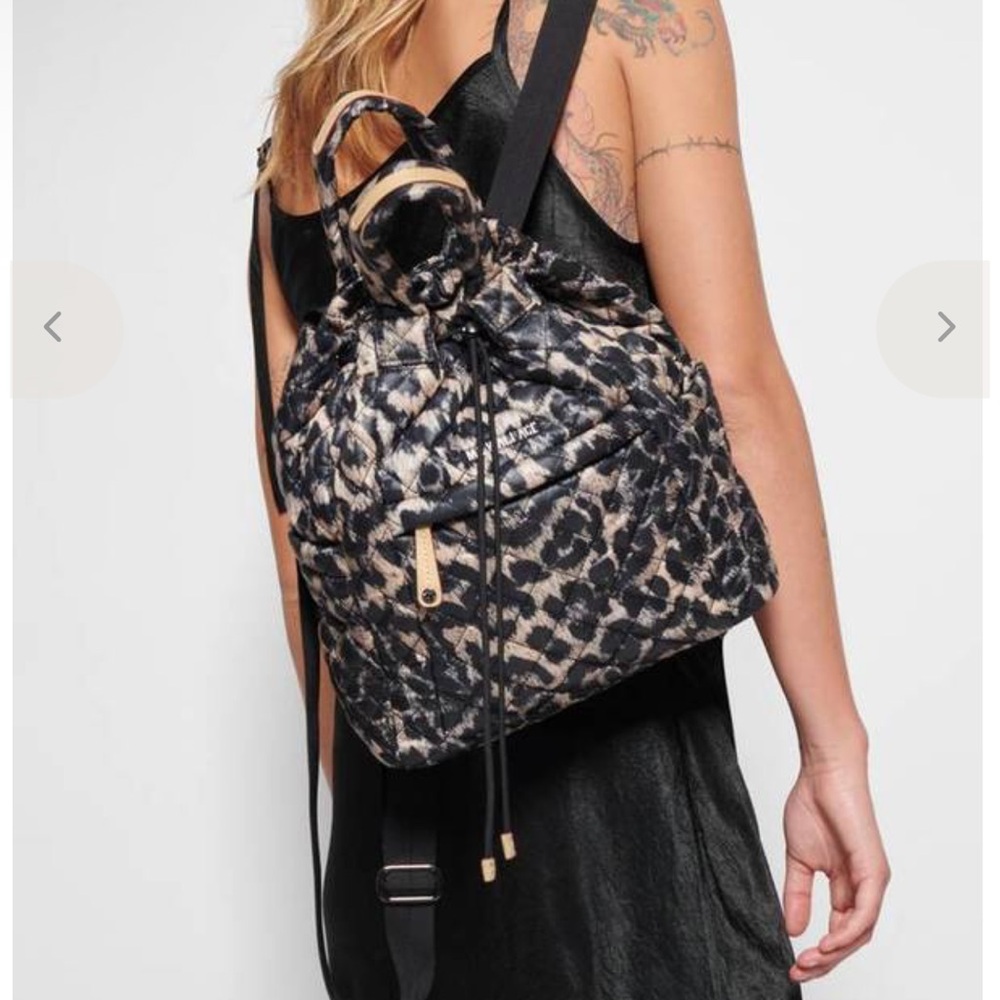 Quilted Leopard Print Drawstring Backpack - Black/Tan